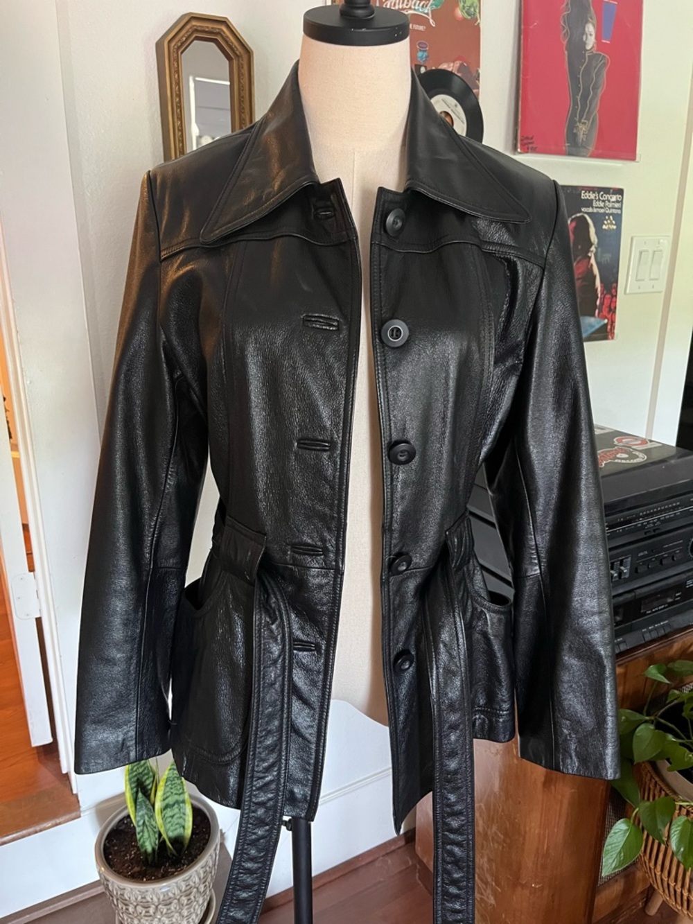 Vintage Black Leather Button-Front Jacket with Waist Belt